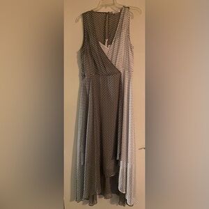 Calvin Klein mock wrap dress. Gray & white polka dots. Size 12